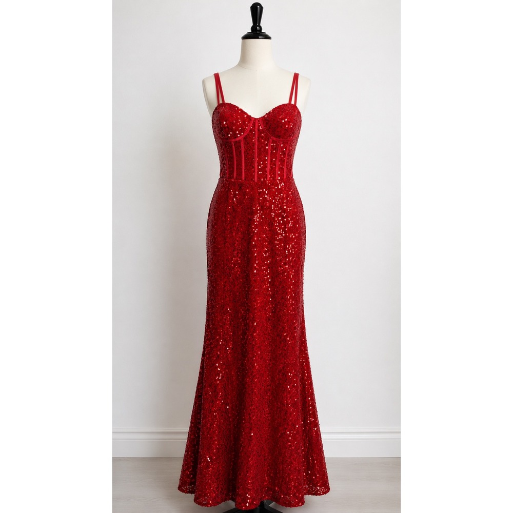Pomuyoo Red Sequin Corset Maxi Dress Formal Prom Gown Size 12/14, 100x83